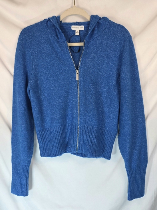 Calvin Klein Jeans Sweaters - Calvin Klein Jeans Juniors M Knit Zip Up Hoodie Sweater Heather Blue Cropped Y2K